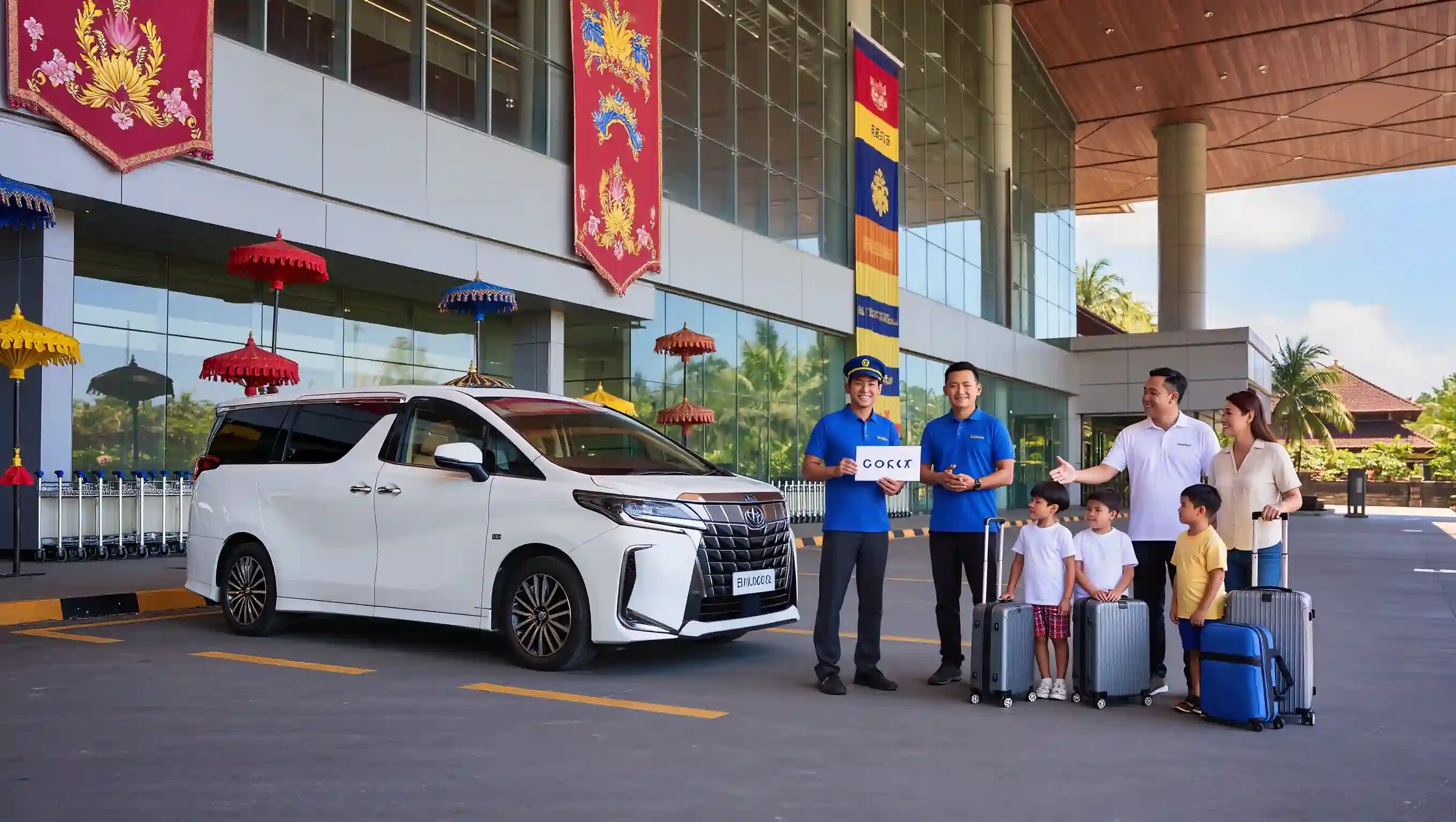 Driver welcoming a family with luggage beside a Toyota Alphard at Bali airport