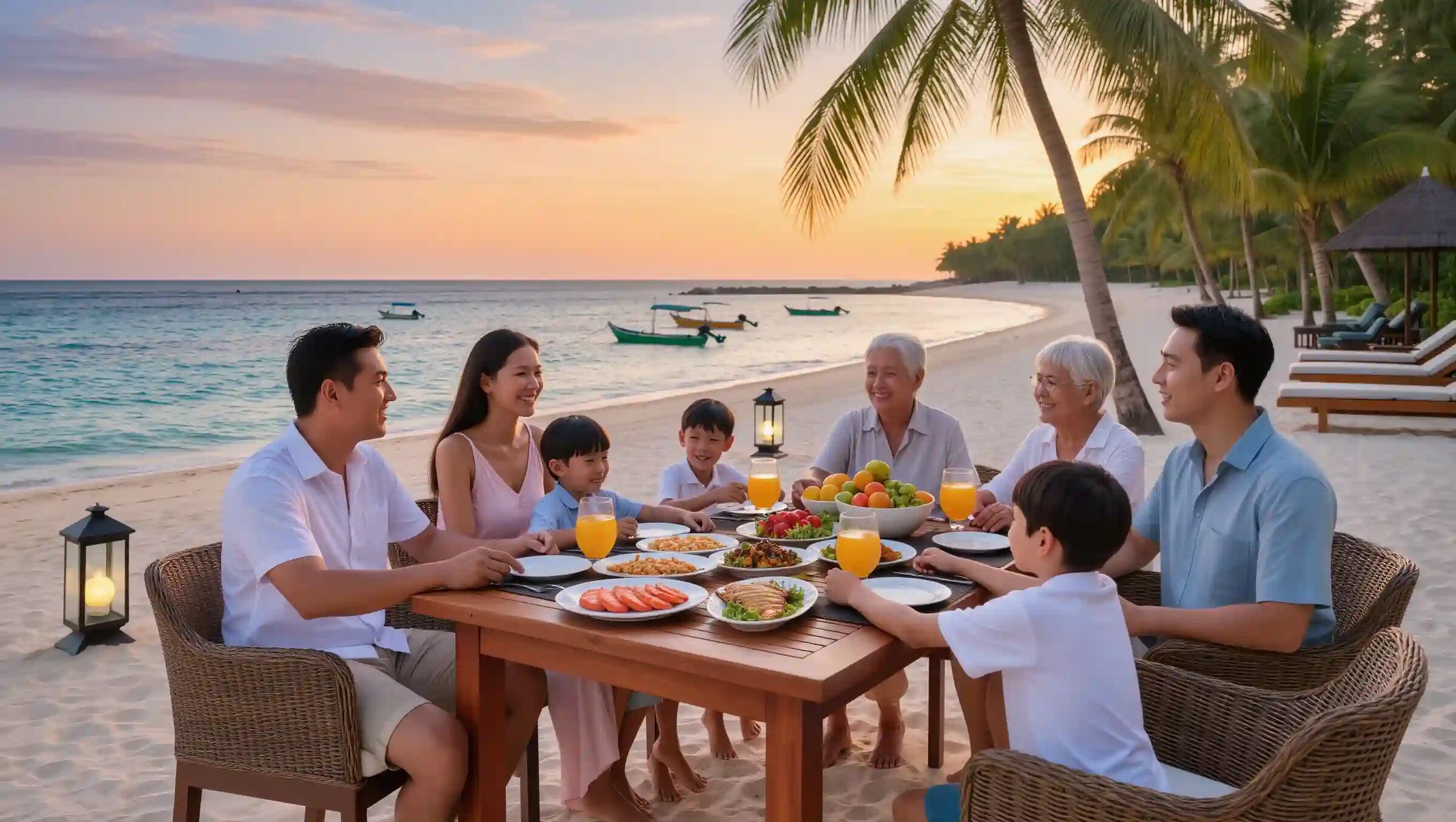 Family sharing a seafood dinner at a beachfront table at sunset