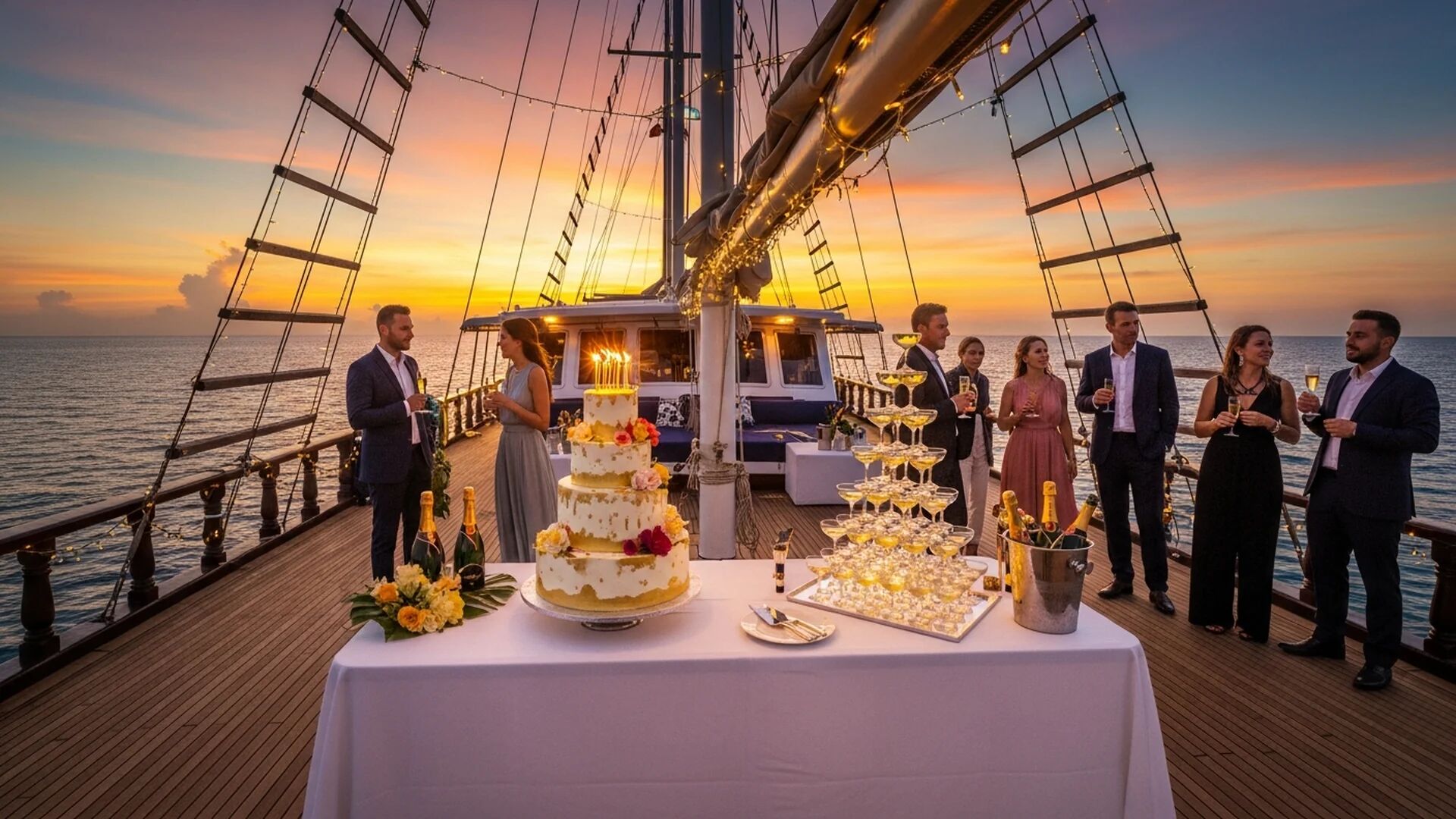 Guests gathered around a celebration cake on a phinisi deck at sunset