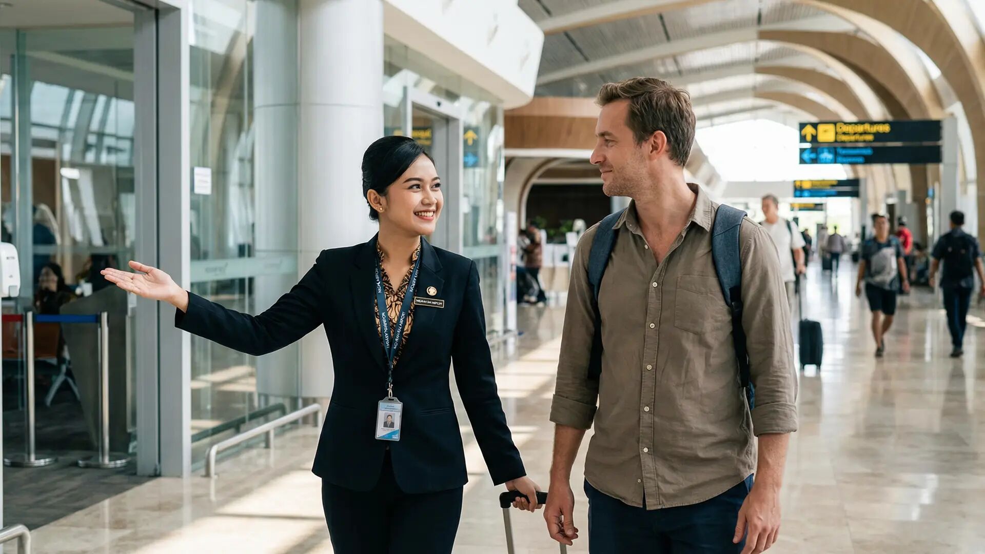 Concierge greeting and guiding a traveller through the arrivals hall