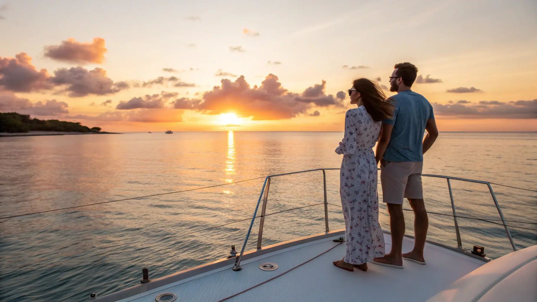 Couple standing on the bow of a yacht watching the sun set over calm water