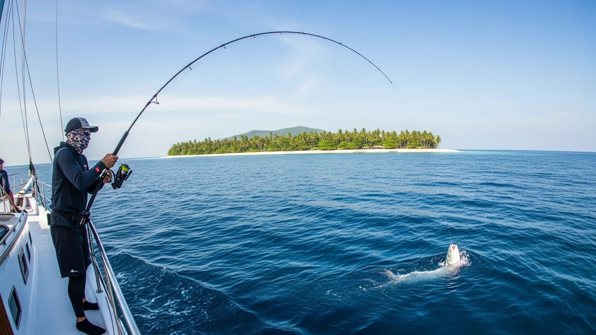 Angler with a bent rod fighting a fish from the stern of a charter boat