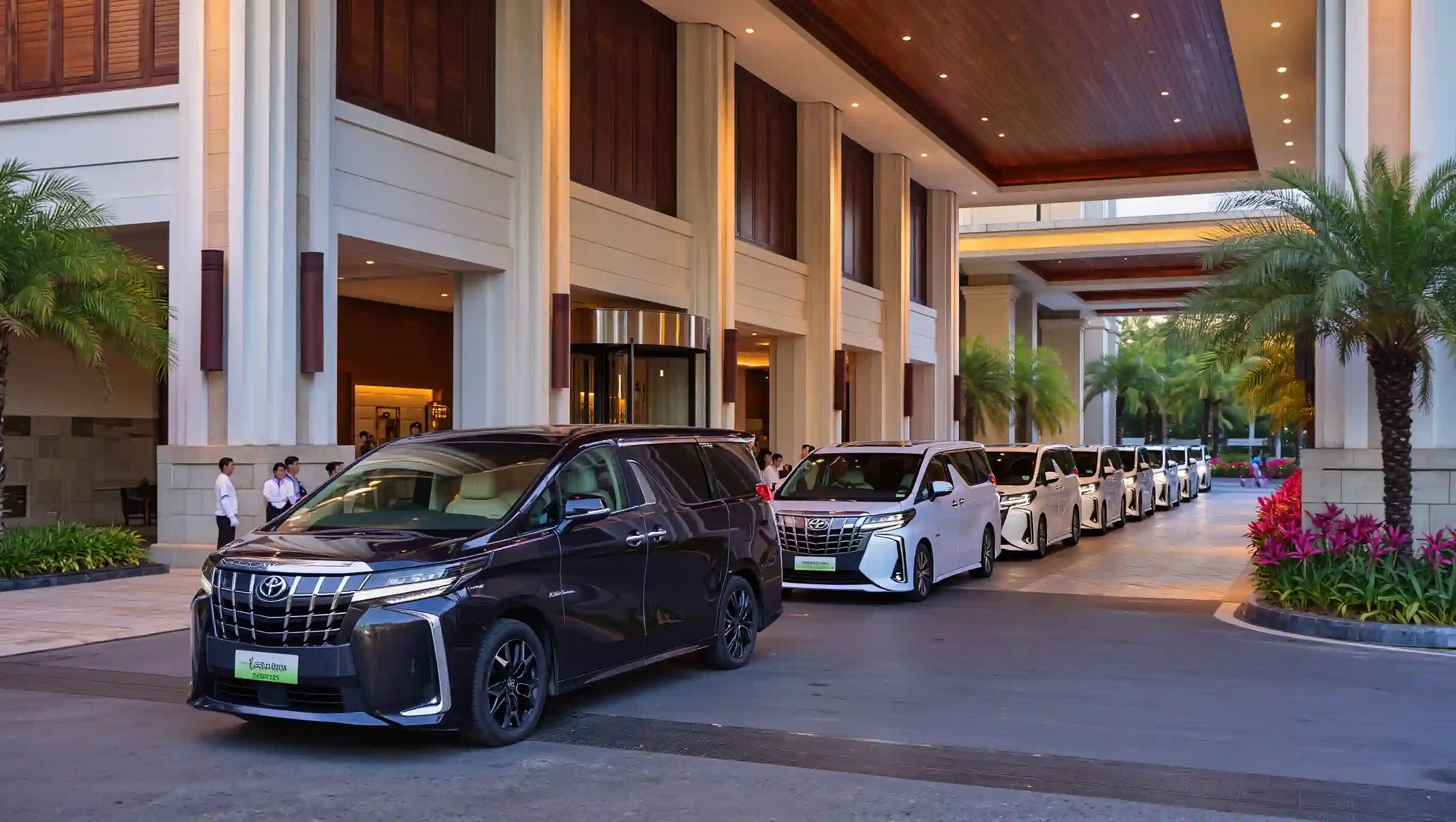 Cars lined up under the porte-cochère of a resort hotel
