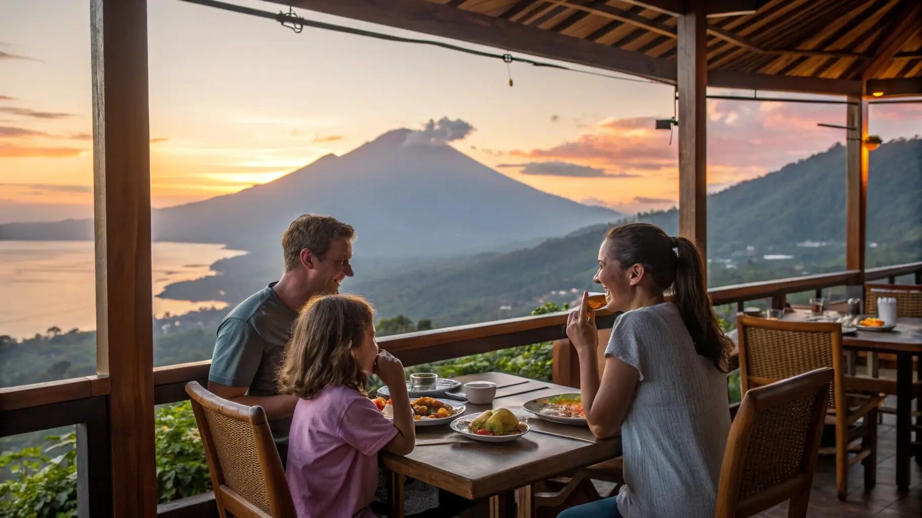 Family sharing a meal served on a villa terrace overlooking a volcano