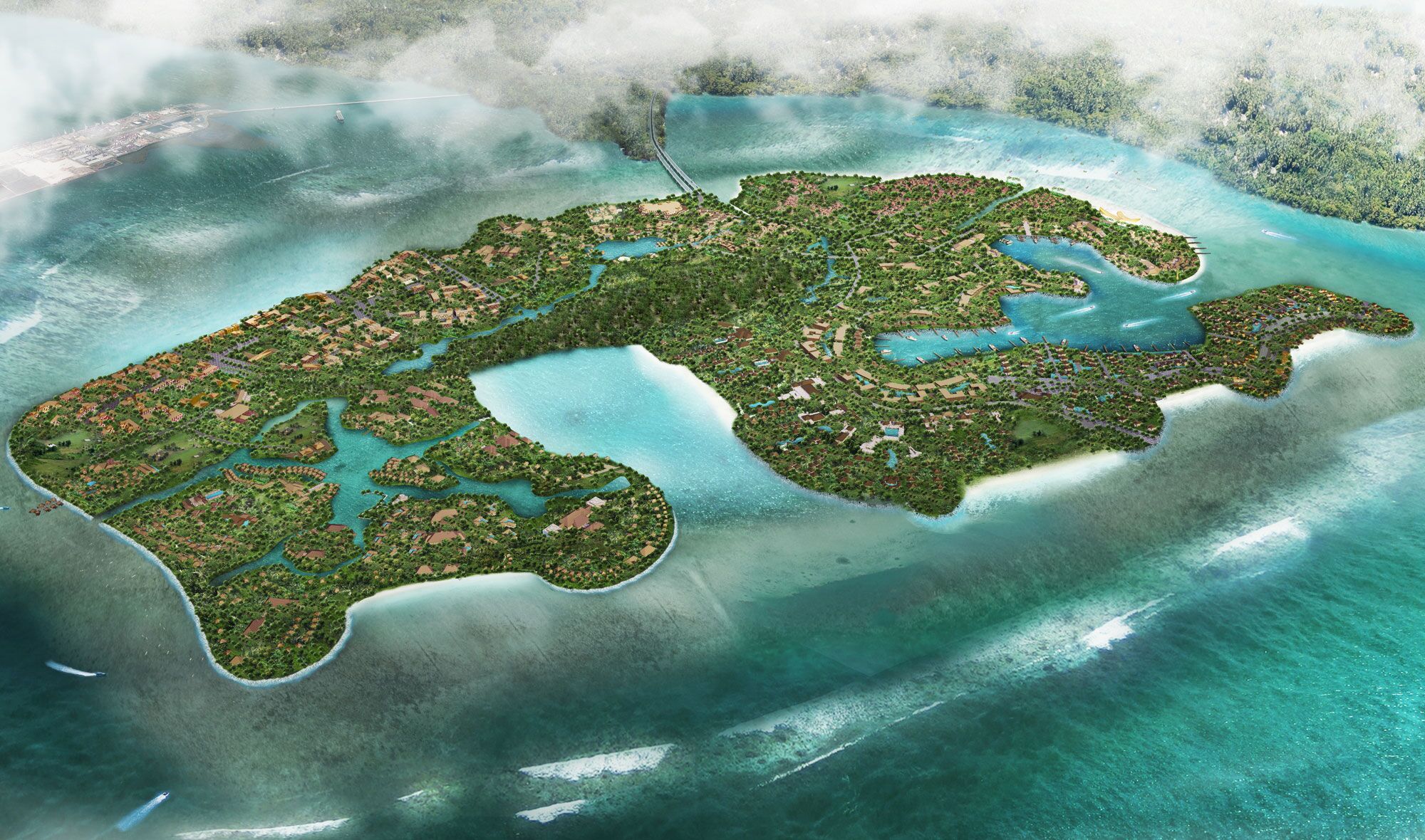 Aerial rendering of Kura Kura Bali on Serangan Island, surrounded by lagoons and reef