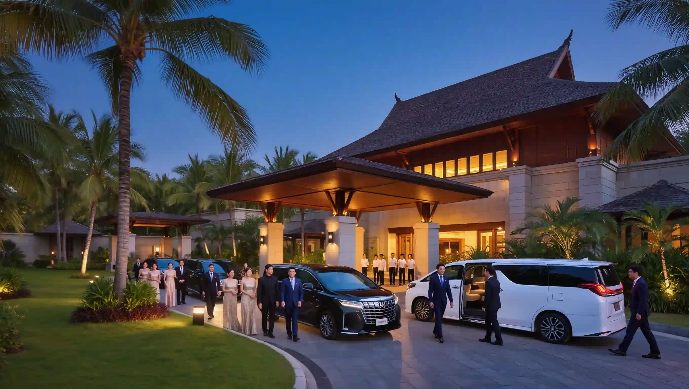 Guests arriving by private car at a Balinese-style luxury villa at dusk