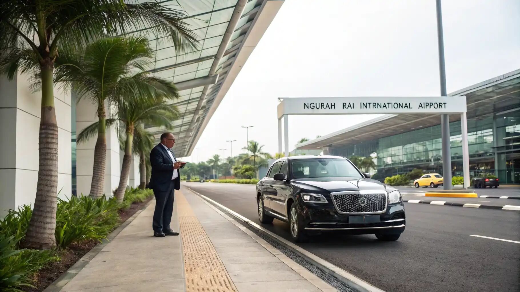 Chauffeur waiting beside a private car outside Ngurah Rai International Airport, Bali