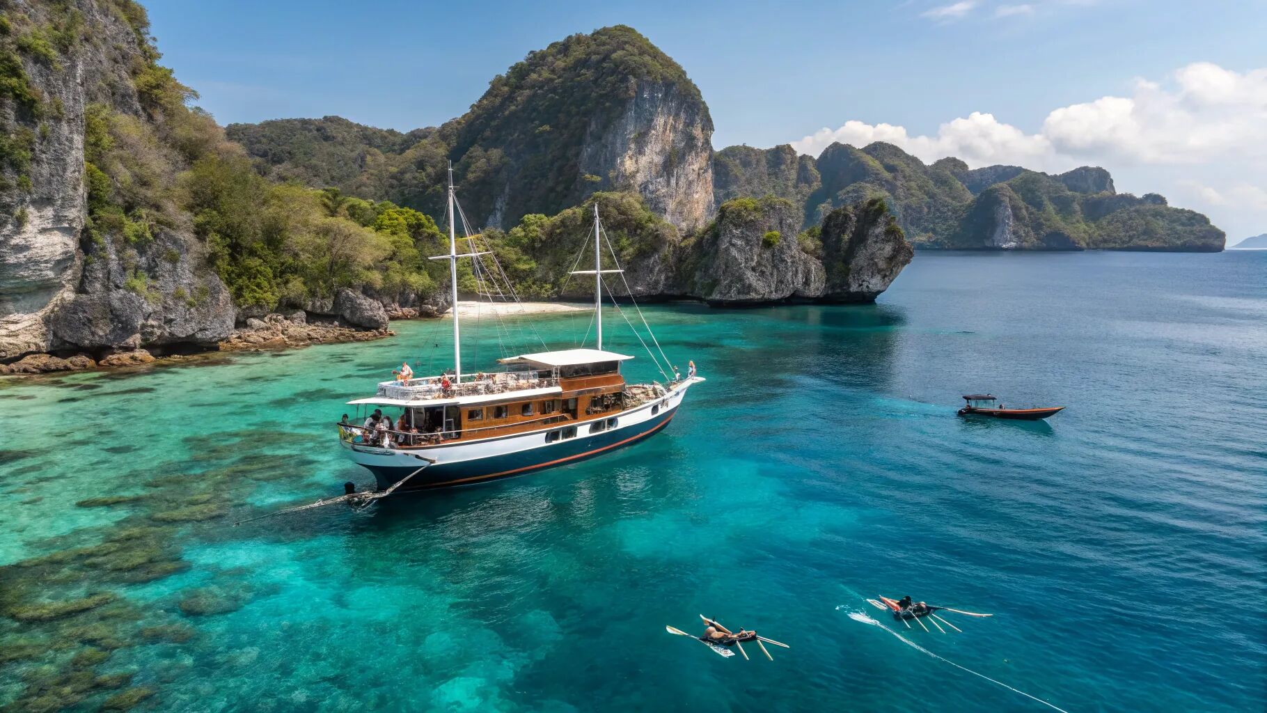 Phinisi cruising a turquoise bay between steep green islands