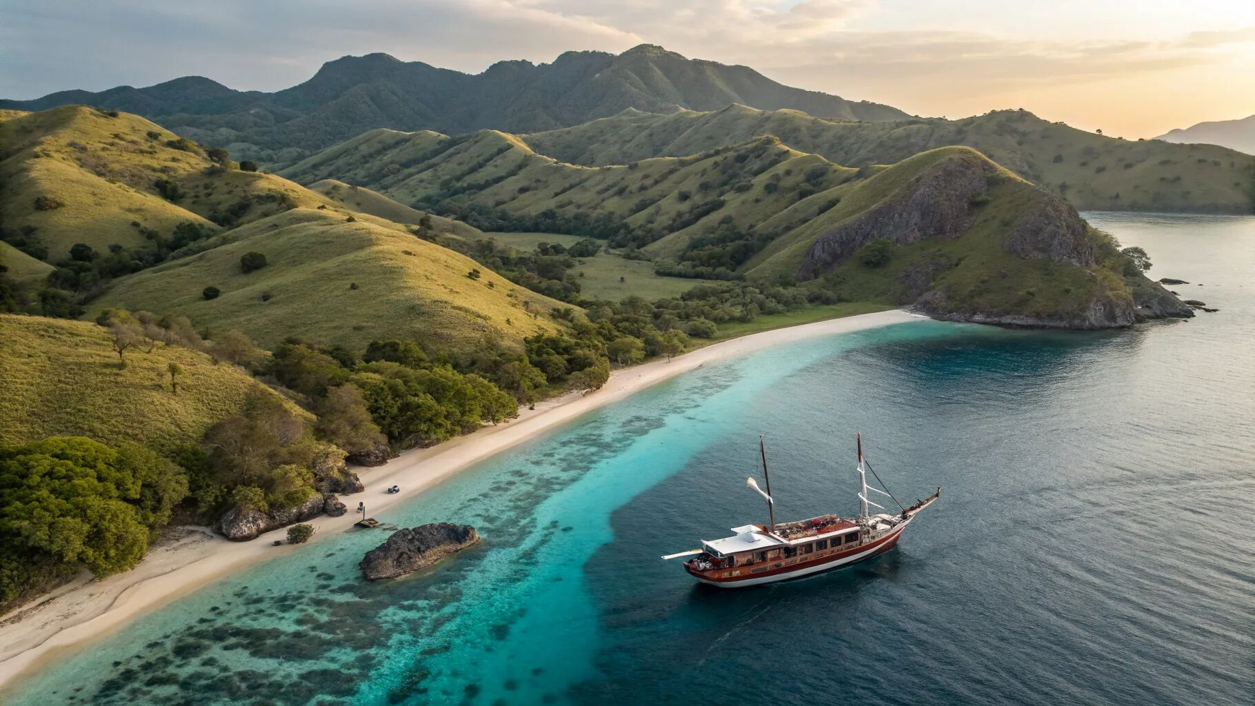 Phinisi anchored off a white-sand bay below the green hills of Komodo National Park