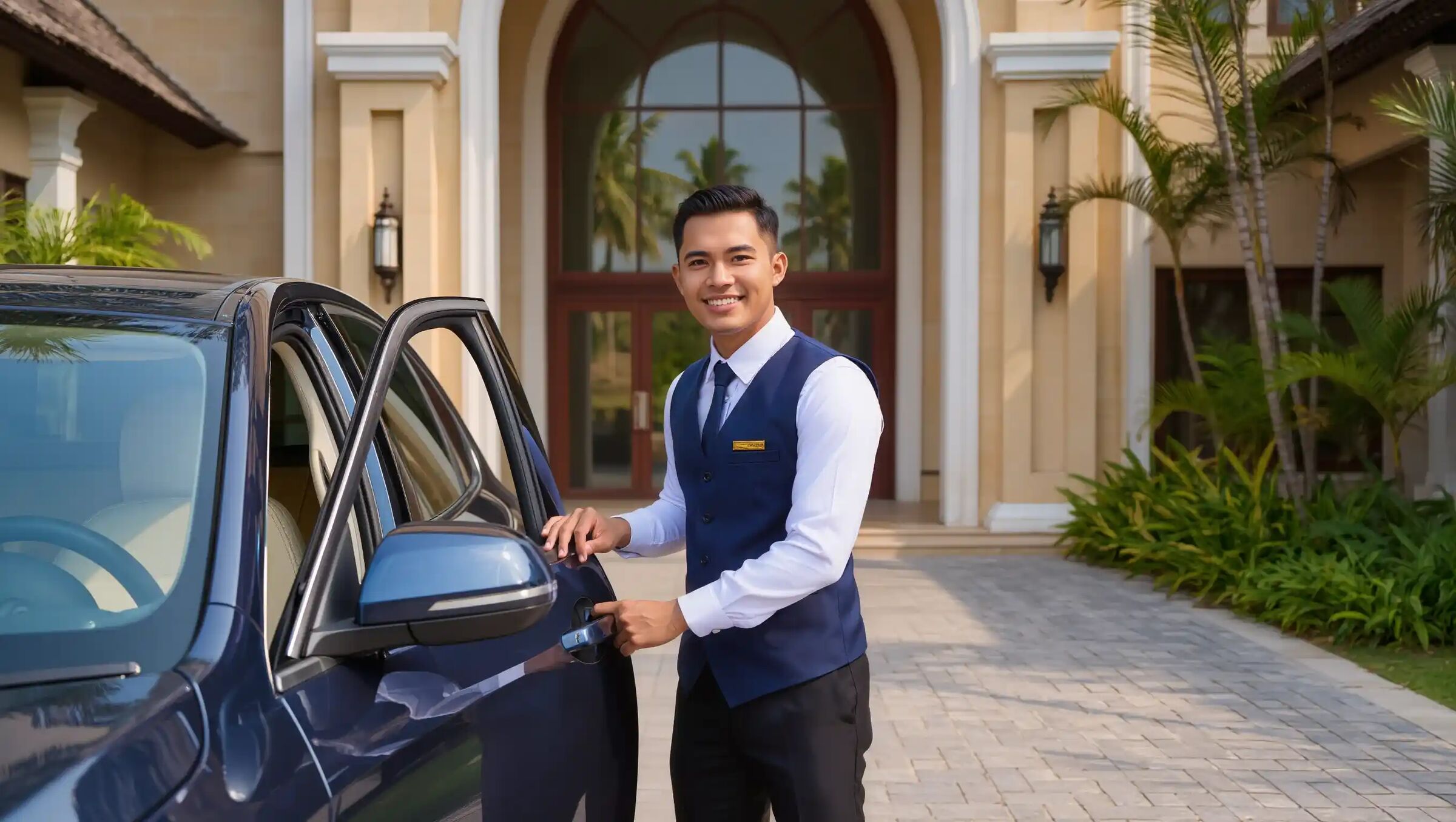 Private driver in uniform opening the car door for a guest at a villa entrance