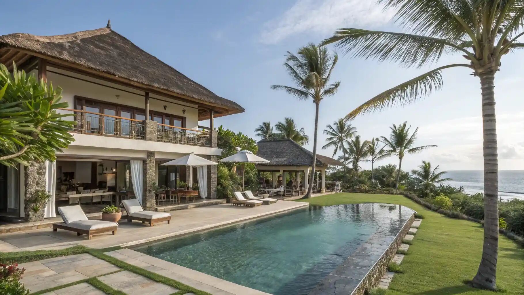 Private villa with a long pool and ocean-facing lawn