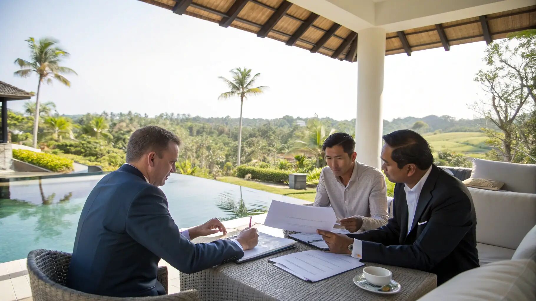 Investors reviewing documents at a poolside villa terrace