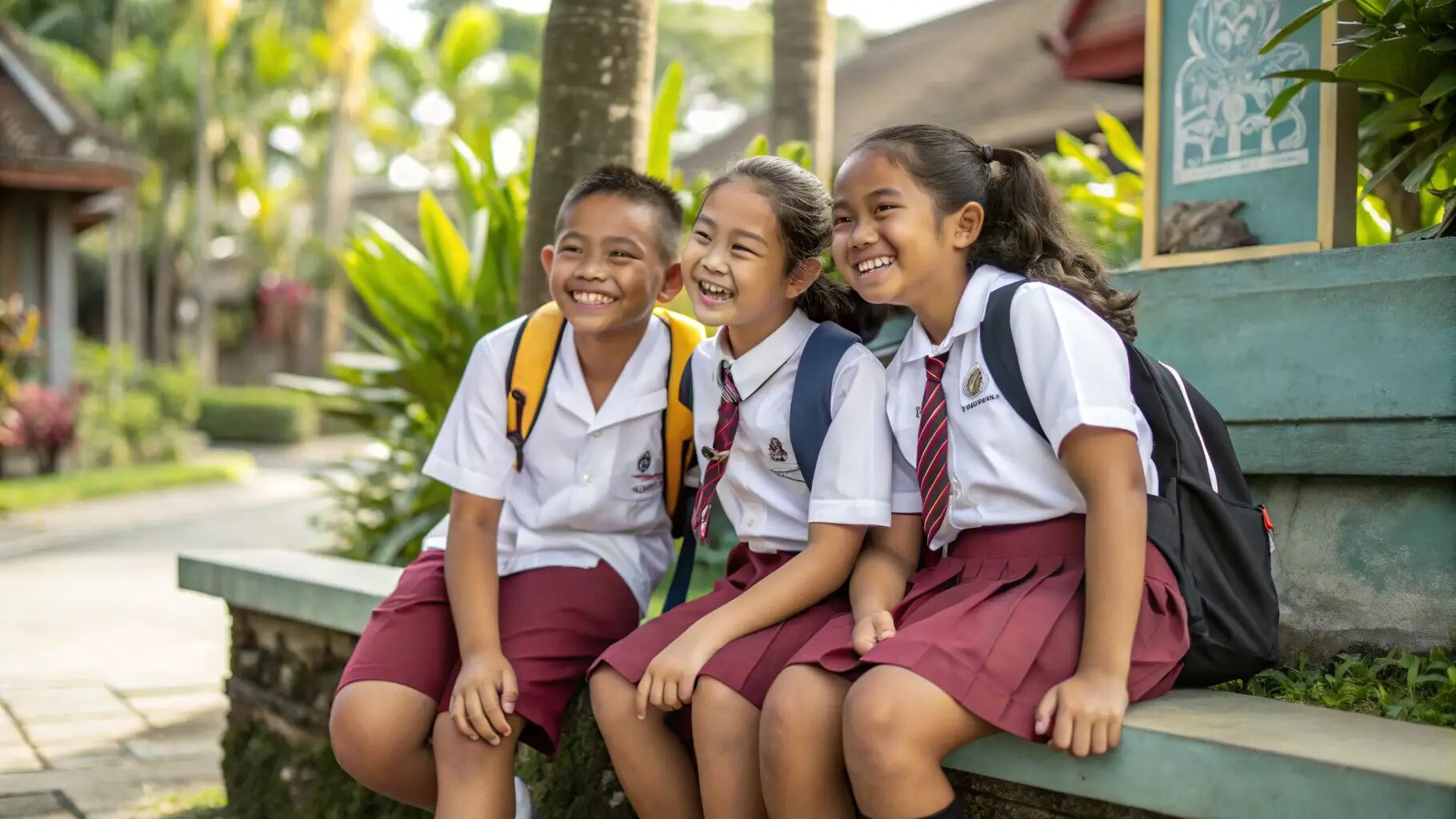 Smiling students in uniform sitting together on a school campus