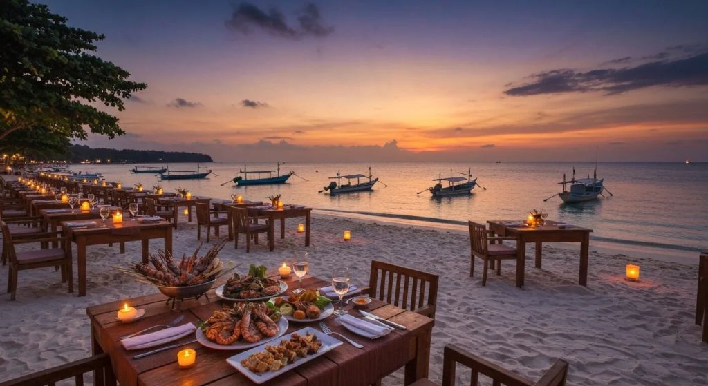Candle-lit seafood dinner tables set on the sand at dusk