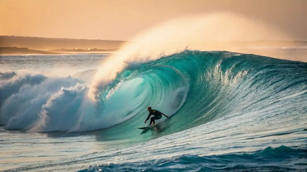 Surfer tucked inside a glassy barrelling wave