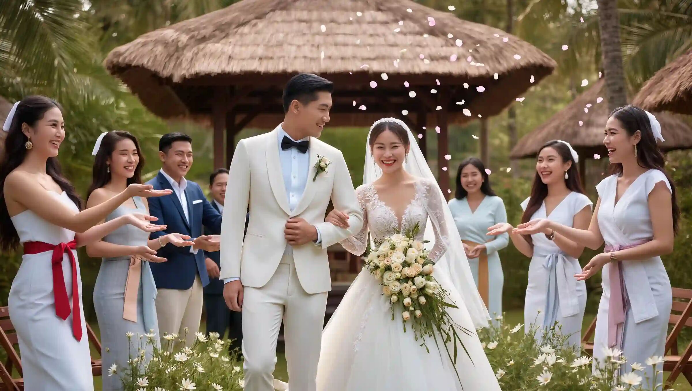 Bride and groom showered with petals by guests at a tropical garden wedding