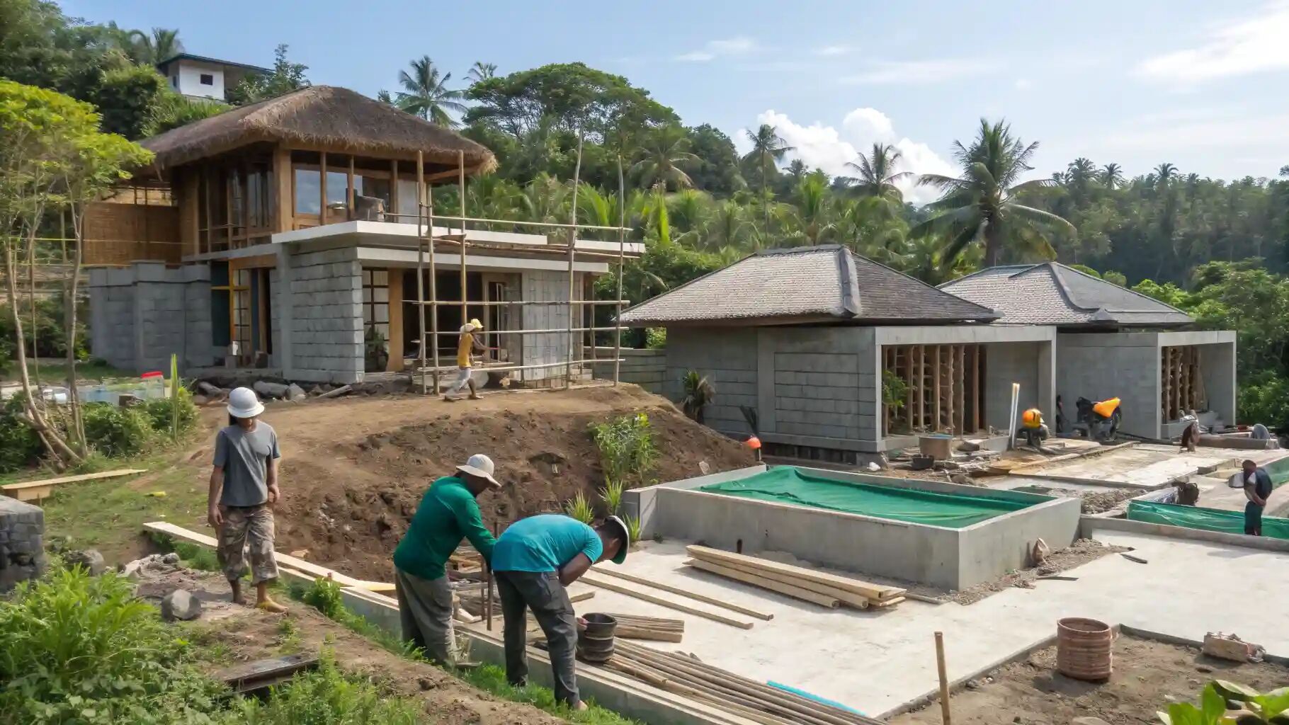 Builders at work on new villas under construction in Bali